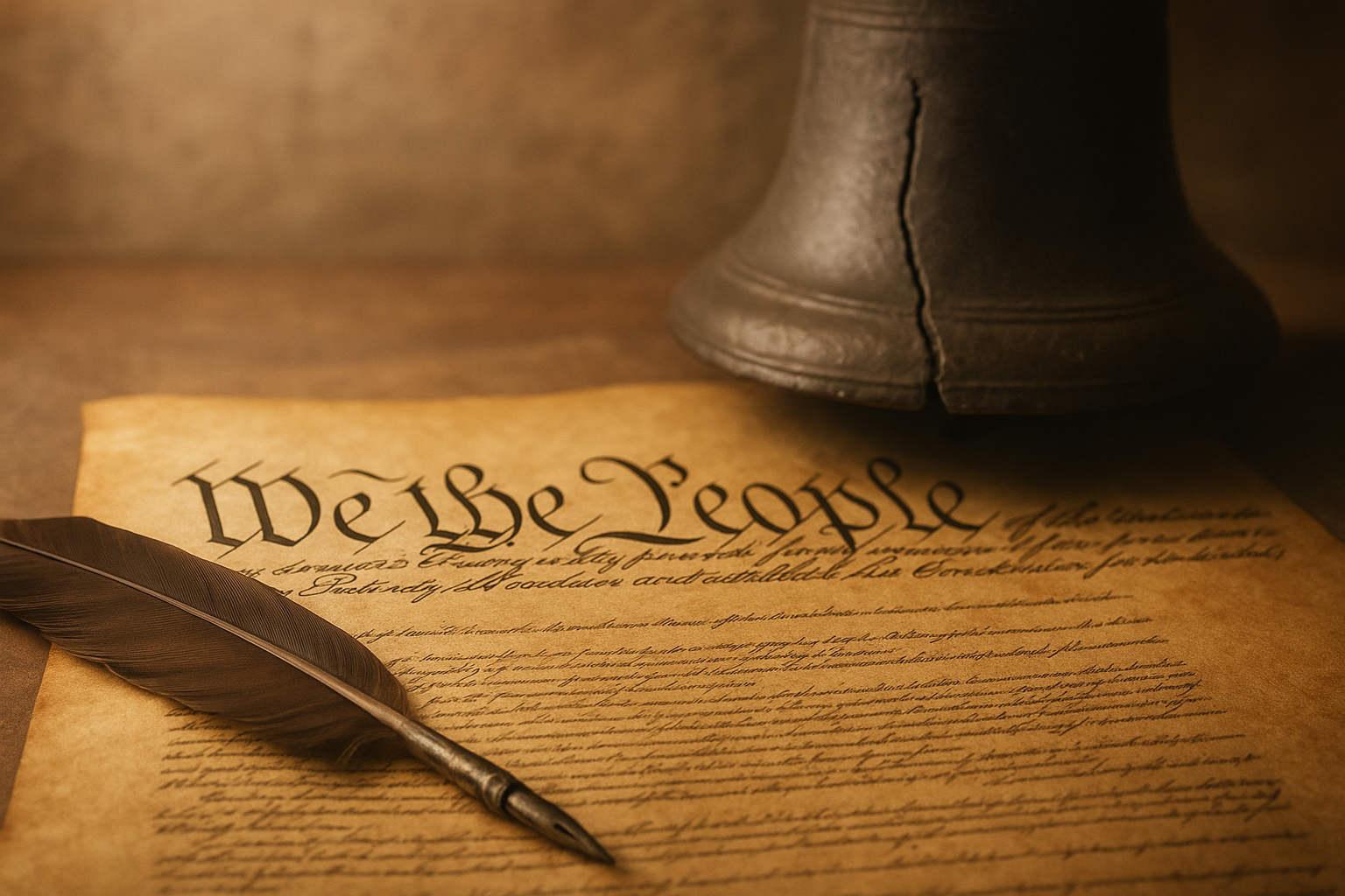 A quill pen resting on the U.S. Constitution beside a cracked liberty bell.