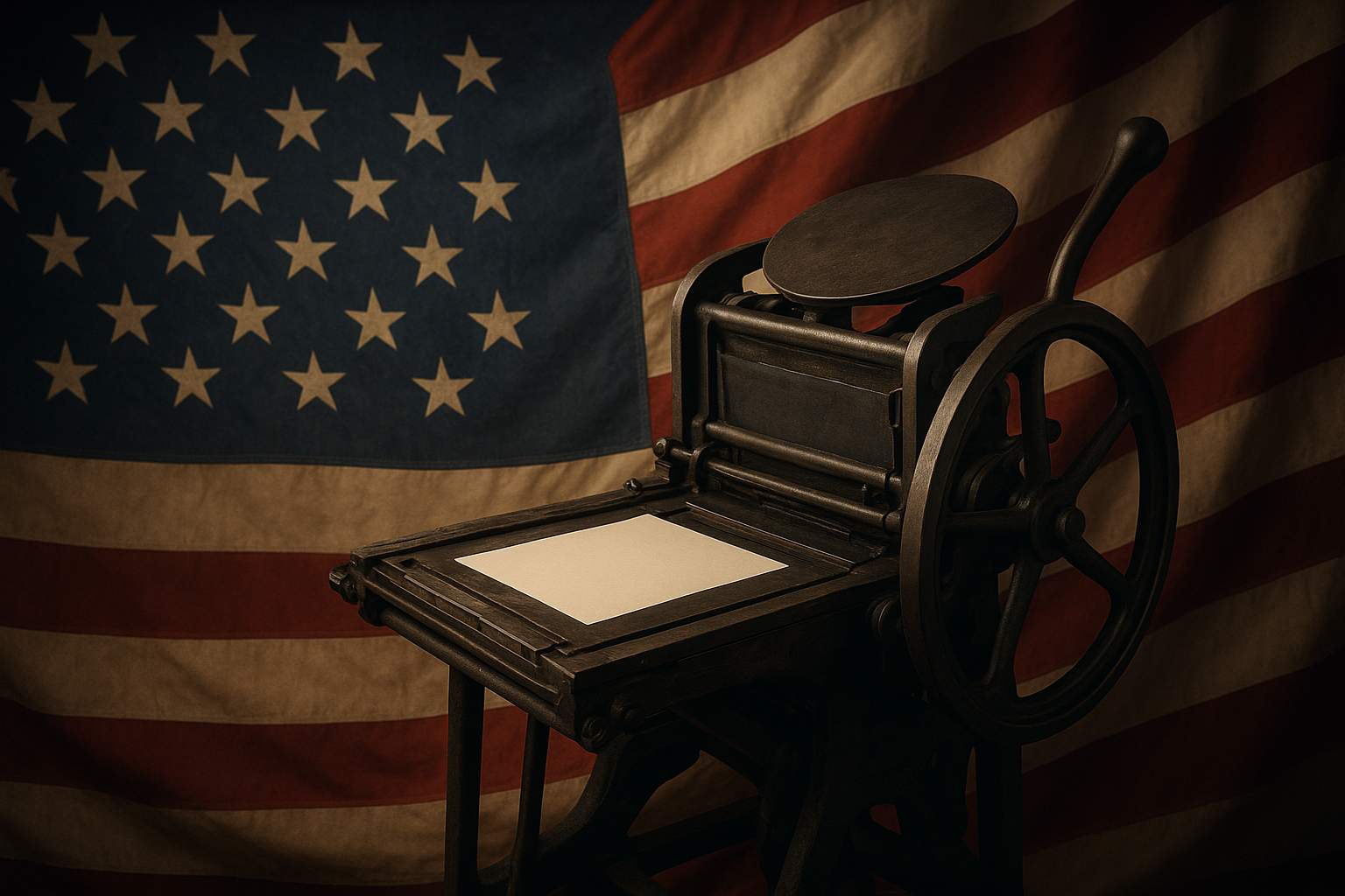 Vintage printing press with US flag in background.