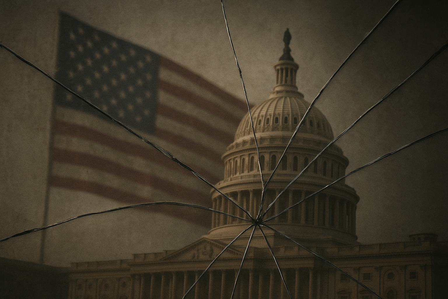 The reflection of the Capitol or the flag fragmented across a cracked mirror.