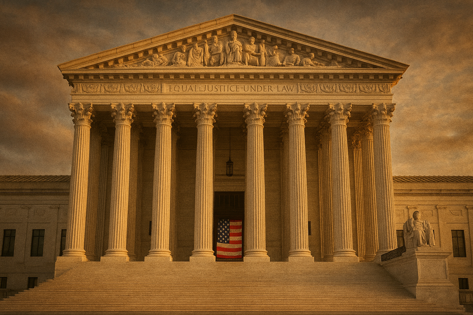 A close-up of the U.S. Supreme Court building at dawn, marble steps glowing in early light, an American flag reflected in the facade.