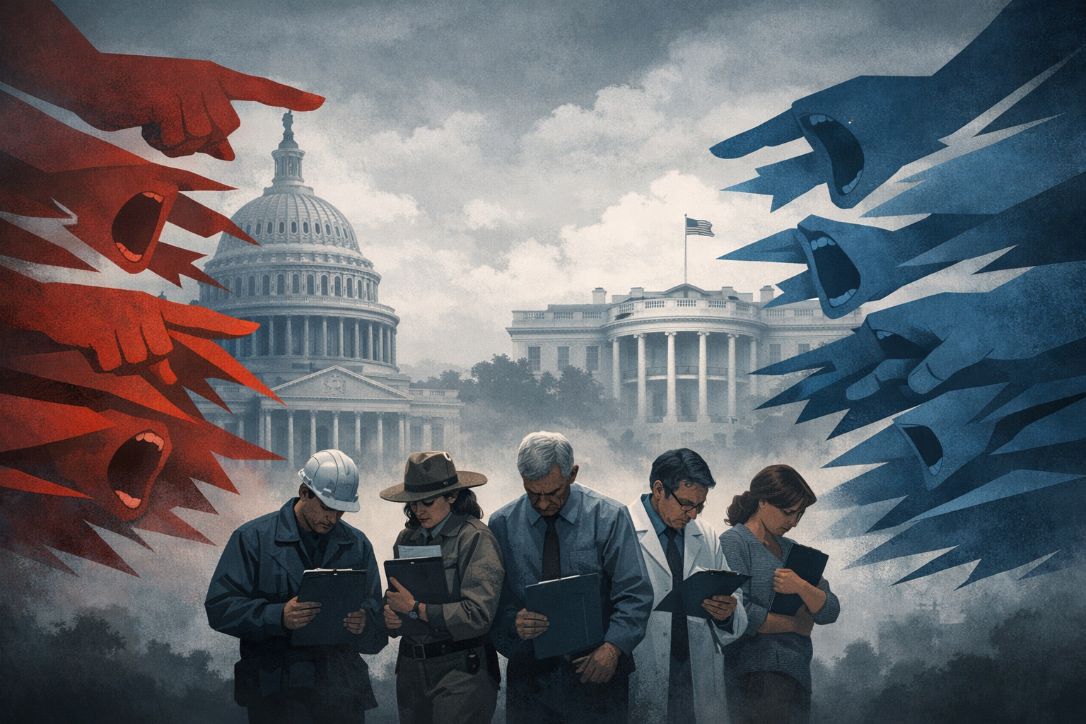 A symbolic illustration showing federal workers under rhetorical pressure from White House and Congress in background, with abstract red and blue speech forms suggesting coercive language.