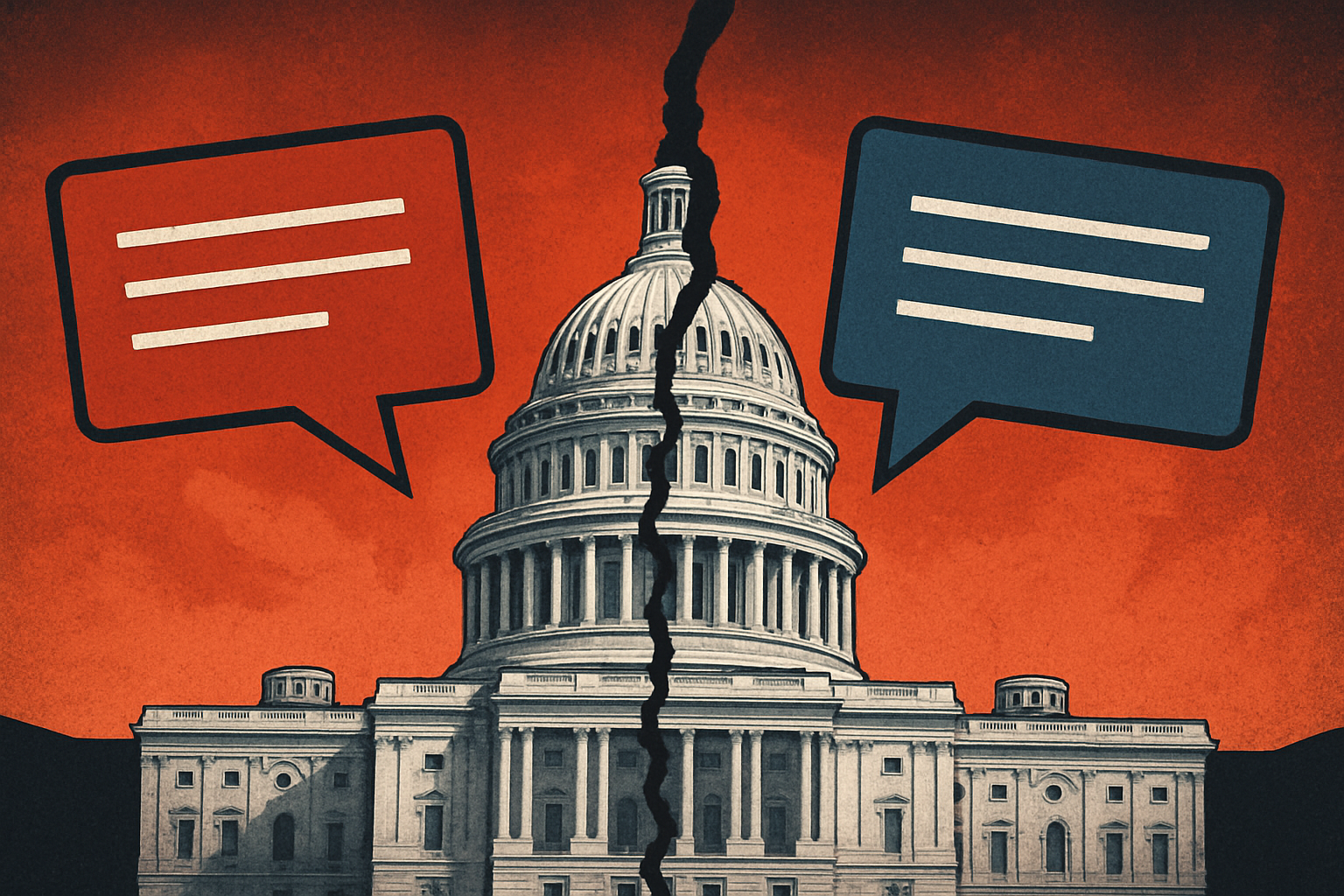 The U.S. Capitol fractured by conflicting political messaging (congressional lies), symbolizing Congress’s communication crisis highlighted the 2025 shutdown.