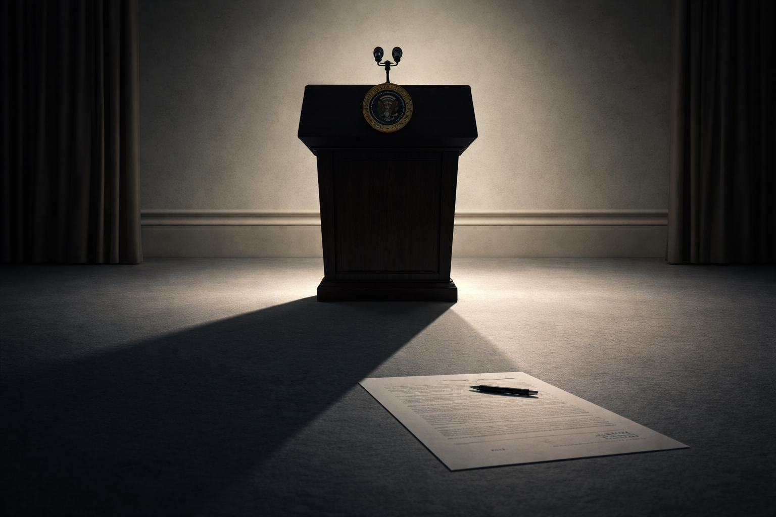 An empty presidential podium under soft, neutral lighting with a single microphone. From the podium, a long, subtle shadow stretches forward across the floor. Off to the side is an unsigned, unreadable document or directive. No people present.