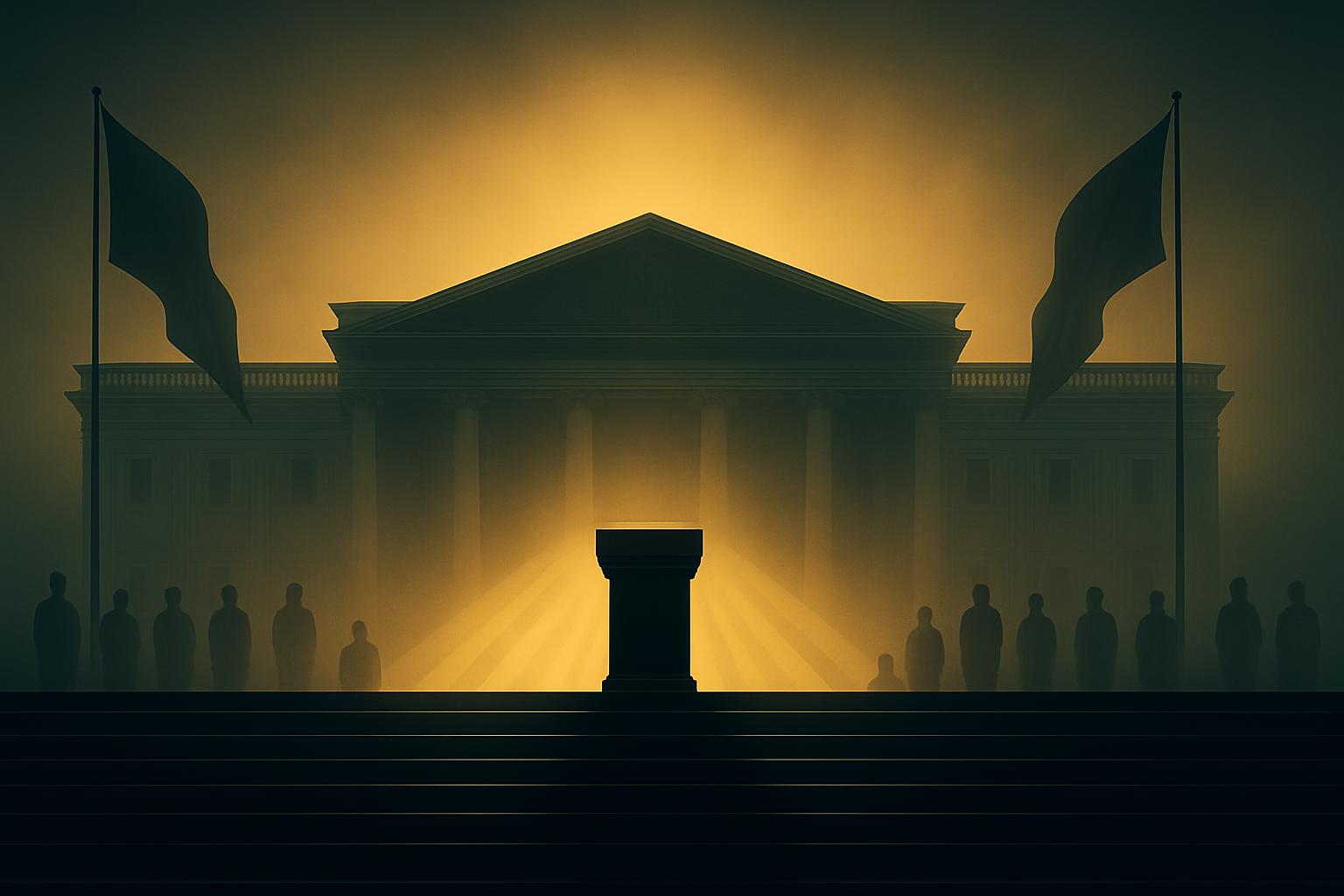 Empty podium in front of the White House with people in shadow lining both sides.