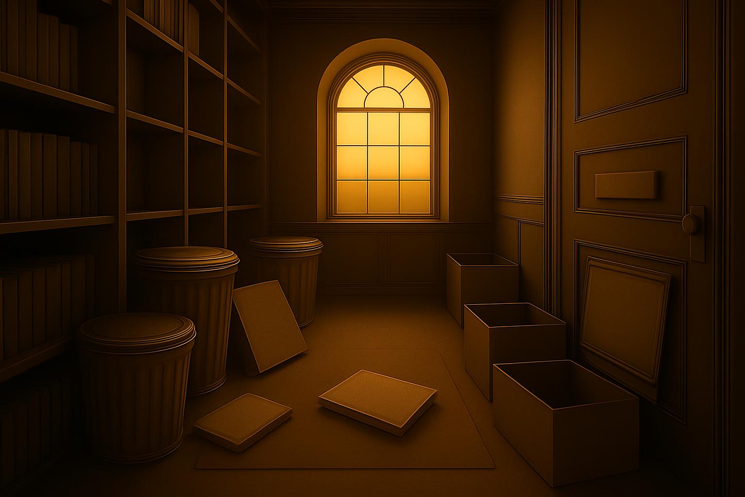 Dim archival room with partially empty shelve, boxes, and trash cans.